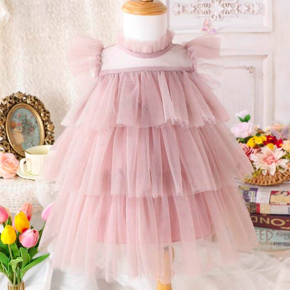 Sleeveless Pink Tulle Layered Kids Dress